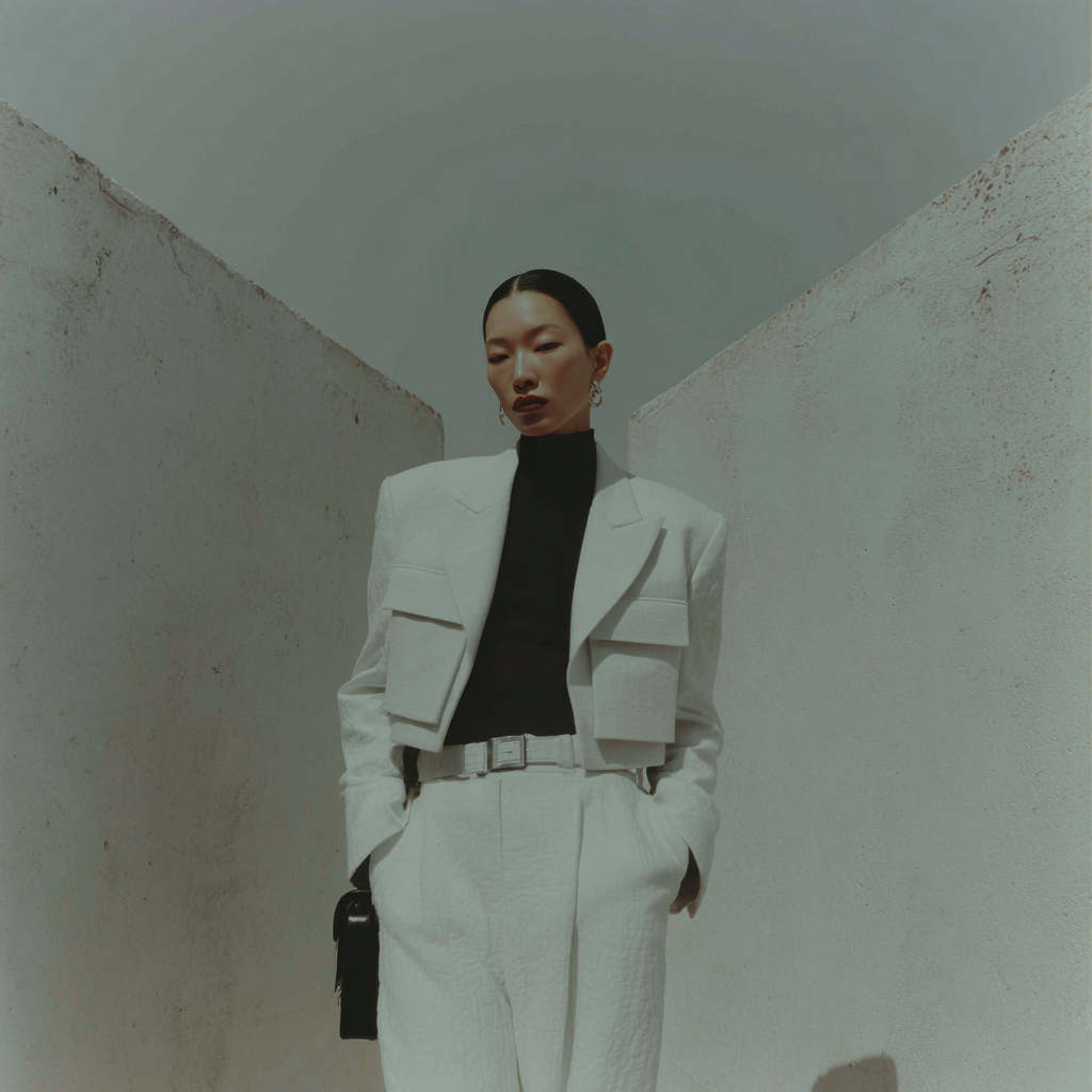 Brutalist backdrop fashion still.