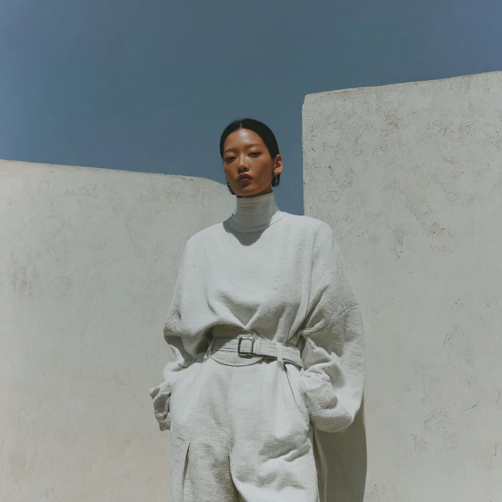 Fashion editorial against brutalist concrete architecture.