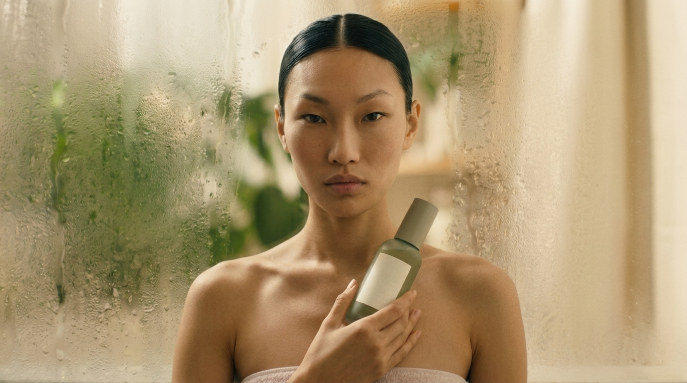 Synthetic model holding a skincare product.