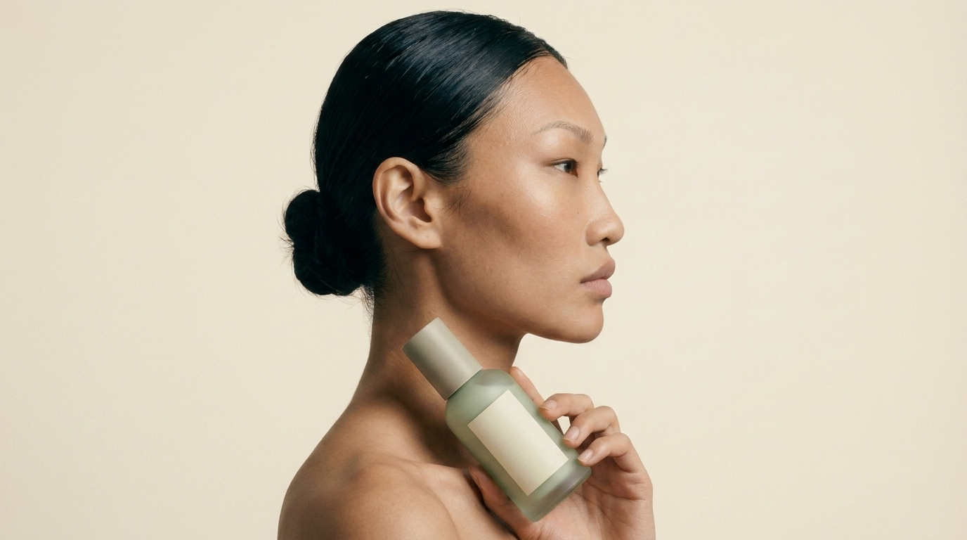 Black and white editorial profile image from an Above The Studio synthetic skincare campaign.